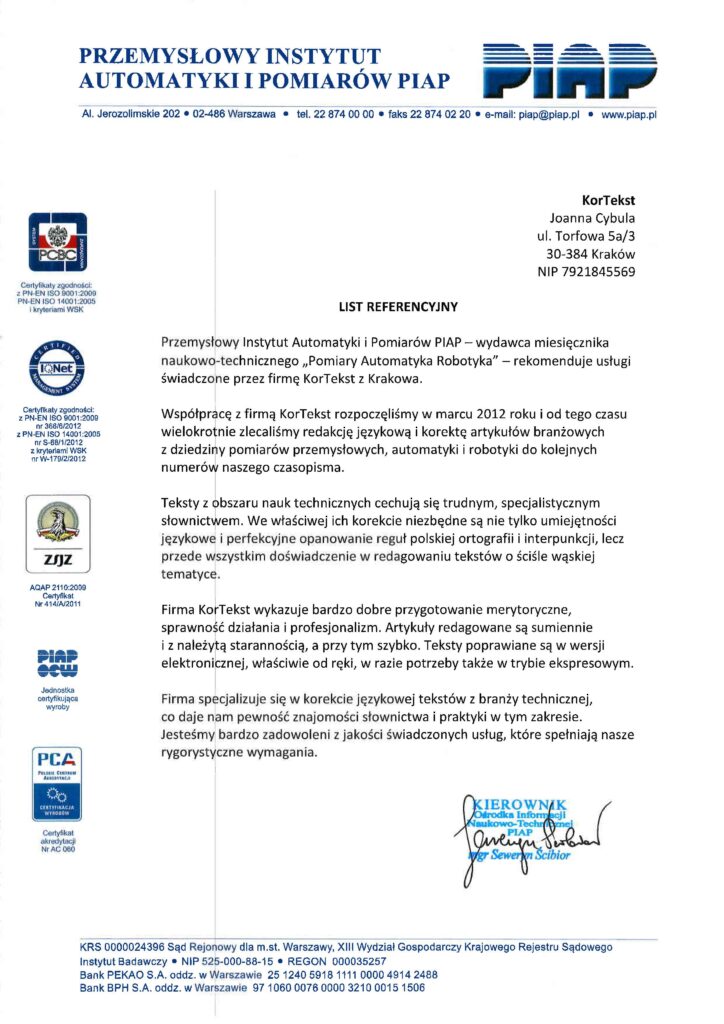 kontekst - biuro korekty i usług DTP referencje piap