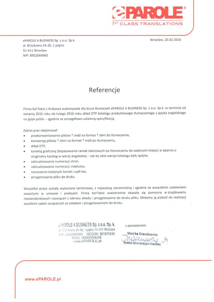 kontekst - biuro korekty i usług DTP referencje parole
